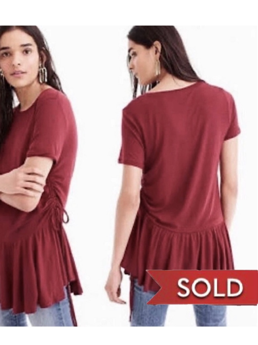 🍓 J Crew MEDIUM Top Gathered Peplum Short Sleeve Cinched Side Burgundy Ruched